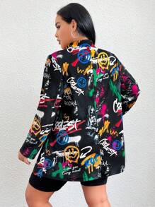 SHEIN EZwear Plus Graffiti Print Single Button Blazer - Multicolor - View 2