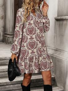 SHEIN Clasi Allover Print Notched Neckline Lantern Sleeve Ruffle Hem Smock Dress - Multicolor - View 6