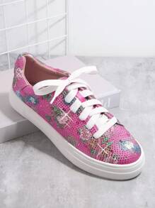 SHUZIA Floral Rhinestone Lace Up Front Sneakers Trainers - Red Violet - View 5