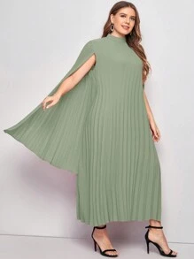 SHEIN Belle Plus Solid Pleated Cape Sleeve Dress - Mint Green - View 4