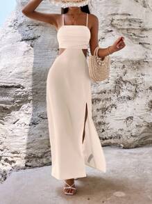 SHEIN VCAY Cắt bỏ eo Tách đùi Váy Dây - Màu be - Xem 5