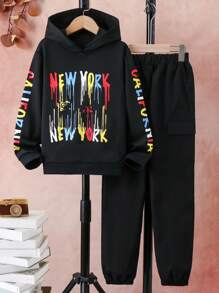 男大童字母圖案連帽衫和運動褲 - 黑色 - 查看 1