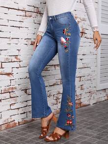 SHEIN LUNE 花卉刺繡牛仔喇叭褲 - 黑色 - 查看 3