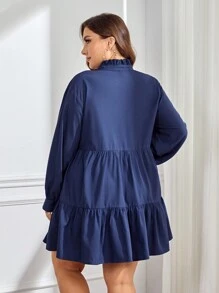 SHEIN Essnce 大碼缺口領荷葉邊娃娃裙 - 藏蓝色 - 查看 2