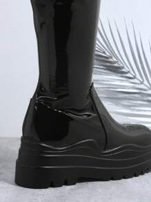 SHUZIA 人造皮革過膝溝紋鞋底靴子 - 黑色 - 查看 6