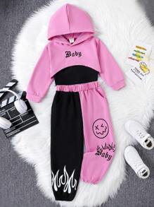 SHEIN 女童字母圖案連帽衫、運動褲和吊帶背心 - 粉色 - 查看 4