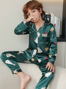 Tween Boy Cartoon Graphic Contrast Piping Satin PJ Set - Green - View 1