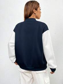 SHEIN EZwear Letter Graphic Two Tone Drop Shoulder Bomber Jacket - Navy Blue - View 2