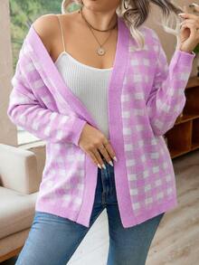 Celure 大碼水牛格子圖案落肩防塵開衫 - 粉色 - 查看 6