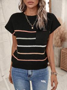 SHEIN LUNE Striped Pattern Pocket Patched Batwing Sleeve Knit Top - Multicolor - View 7