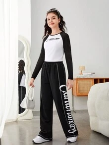 SHEIN 青少年女孩字母圖案插肩袖T恤和褲子