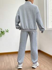 Muchica Letter Graphic Half Zip Drop Shoulder Sweatshirt & Sweatpants - Light Grey - View 2