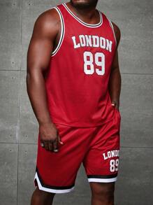 Manfinity VCAY Men Plus Letter Graphic Striped Trim Tank Top & Shorts - Red - View 5