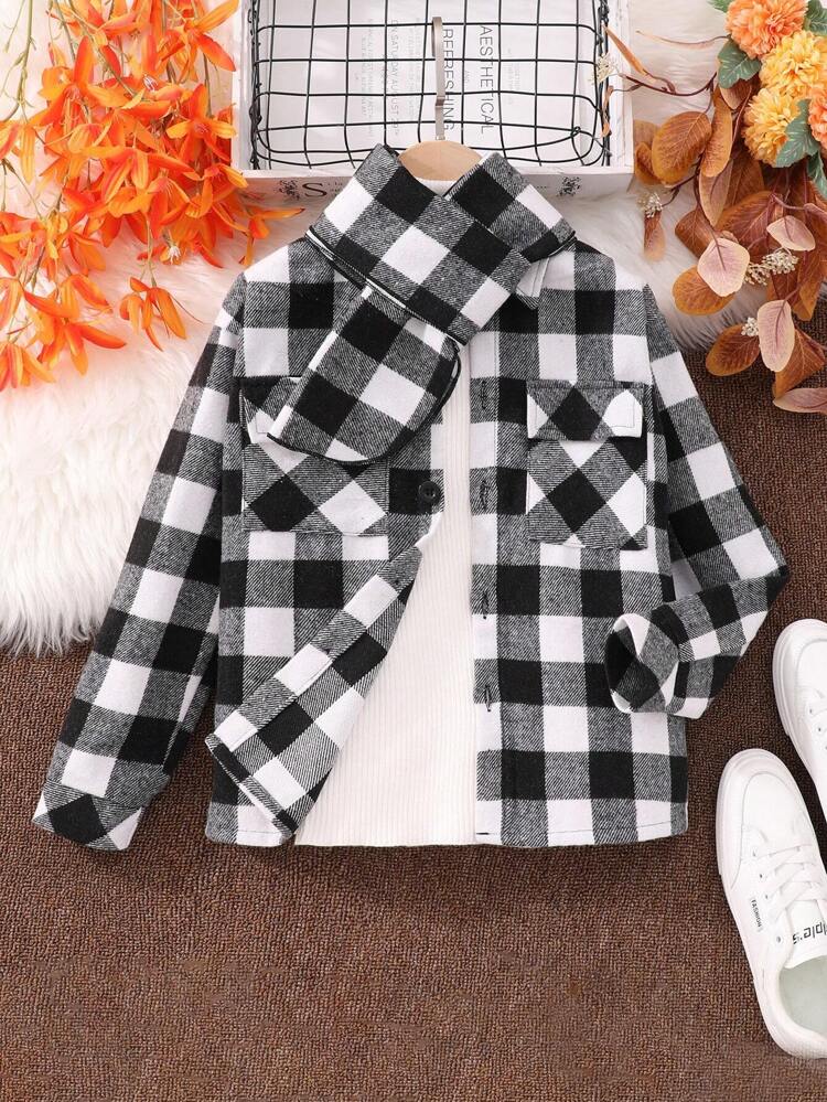 Tween Boy 1pc Buffalo Plaid Print Flap Pocket Coat