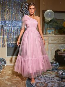 Glamaker One Shoulder Ruffle Hem Mesh Overlay Formal Dress - Pink - View 7