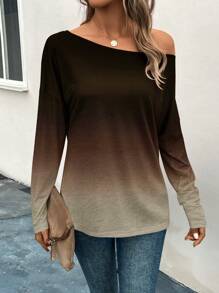 SHEIN LUNE Ombre Drop Shoulder Tee Graphic Tees Women Tops - Brown - View 3