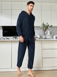 男士拉鏈開襟連帽絨毛連體睡衣