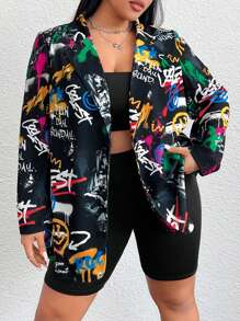 SHEIN EZwear Plus Graffiti Print Single Button Blazer - Multicolor - View 1