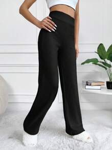 Solid Straight Leg Pants - Black - View 5