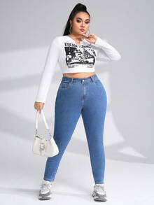 SHEIN EZwear Cộng với quần jean skinny có khóa kéo - Rửa trung bình - Xem 3
