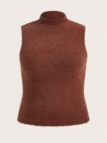 SHEIN BASICS Plus Mock Neck Fluffy Knit Top - Brown - View 8