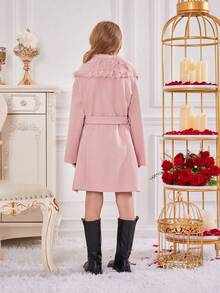 SHEIN 女大童1入組羊絨領口腰帶花呢外套 - 藕粉色 - 查看 2
