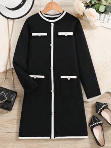 SHEIN Cô gái Tween Viền tương phản Chi tiết Nút Túi Kép Đầm Áo len - Đen và trắng - Xem 1