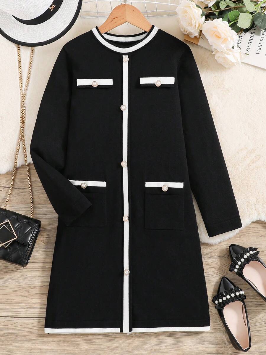 SHEIN Cô gái Tween Viền tương phản Chi tiết Nút Túi Kép Đầm Áo len - Đen và trắng - Xem 1