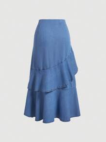 SHEIN Falda larga de mezclilla con volantes y abertura, estilo bohemio para adolescentes, ideal para el verano - Azul lavado medio - Ver 2