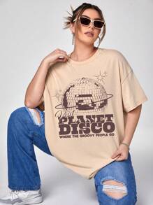 splusmart 艺术家复古街头加标语图案落肩 T 恤，适合夏季、棉质、假日、度假、节日 - 杏色 - 查看 1