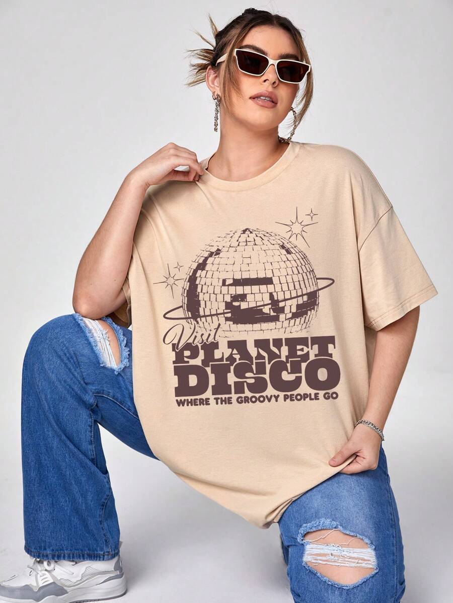 splusmart 艺术家复古街头加标语图案落肩 T 恤，适合夏季、棉质、假日、度假、节日 - 杏色 - 查看 1