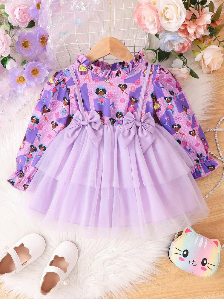 Baby Girl Floral Print Flare Sleeve Bow Front Mesh Hem Dress
