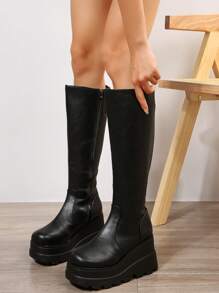 女士時尚圓頭厚下裝過膝騎士靴子,減肥和高風格適用於秋冬 - 黑色 - 查看 4
