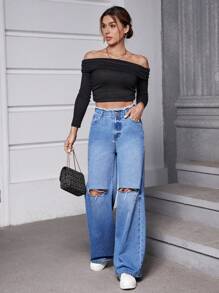 SHEIN Essnce Rách Xén Thô quần ống rộng Quần jean - Rửa nhẹ - Xem 2