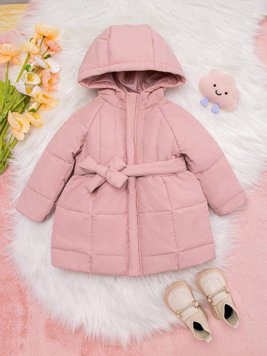 Baby Girl Solid Hooded Belted Padded Coat
