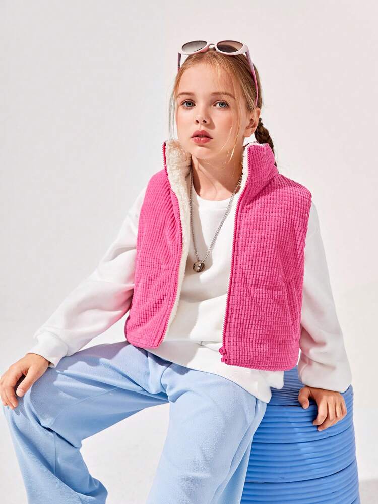 Tween Girl Zip Up Plush Lined Vest Coat