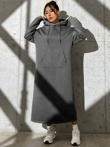 SHEIN EZwear 秋冬款口袋落肩抽绳连帽连衣裙 - 深灰色 - 查看 6