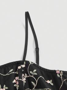 SHEIN MOD 花卉刺繡網紗覆蓋吊帶洋裝 - 黑色 - 查看 3