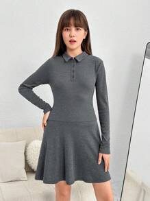 SHEIN Thiếu niên cô gái Chất rắn Placket nửa nút Váy chữ A - Xám - Xem 3