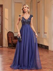 XUIBOL Robe de bal formelle avec tulle à paillettes contrastées, robe de soirée élégante pour femme, pour le bal de promo, le dîner, les cérémonies de remise de diplômes - Bleu marine - Voir 5