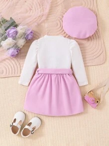 Bimba con stampa cuore con manica a sbuffo Maglietta & con cintura Gonne & Cappello