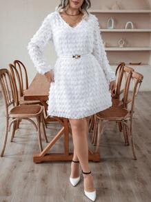 Celure 大碼素色毛茸茸洋裝不附腰帶 - 白色 - 查看 4