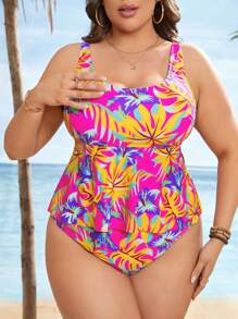 SHEIN Swim Curve Plus Tropical Print Ruffle Hem Tankini For Summer Beach Vacation - Multicolor - View 1