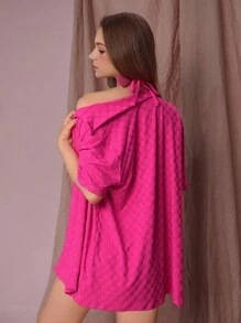 SHEIN Swim Summer Solid Halter Triangle Bikini Set With Kimono - Rose Red - View 5