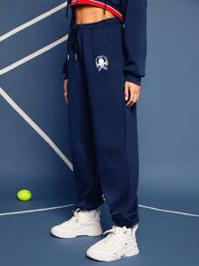 VARSITIE Quần bó sát eo có dây rút tương phản đồ họa chữ cái - Màu xanh hải quân - Xem 4