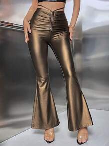 Firerie 褶邊後綁帶喇叭褲 - 棕色 - 查看 2