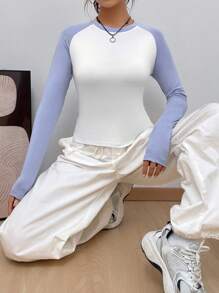 SHEIN EZwear Khối màu Tay Raglan Áo thun - trắng - Xem 7