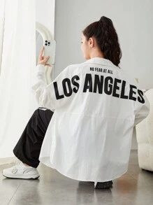 青少年女孩字母圖案落肩襯衫 - 白色 - 查看 1