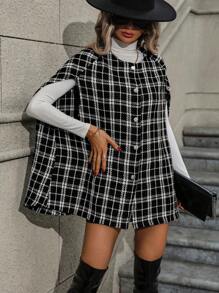 SHEIN Clasi Palton frontal cu buton imprimat în carouri - Alb-negru - Vizualizare 4