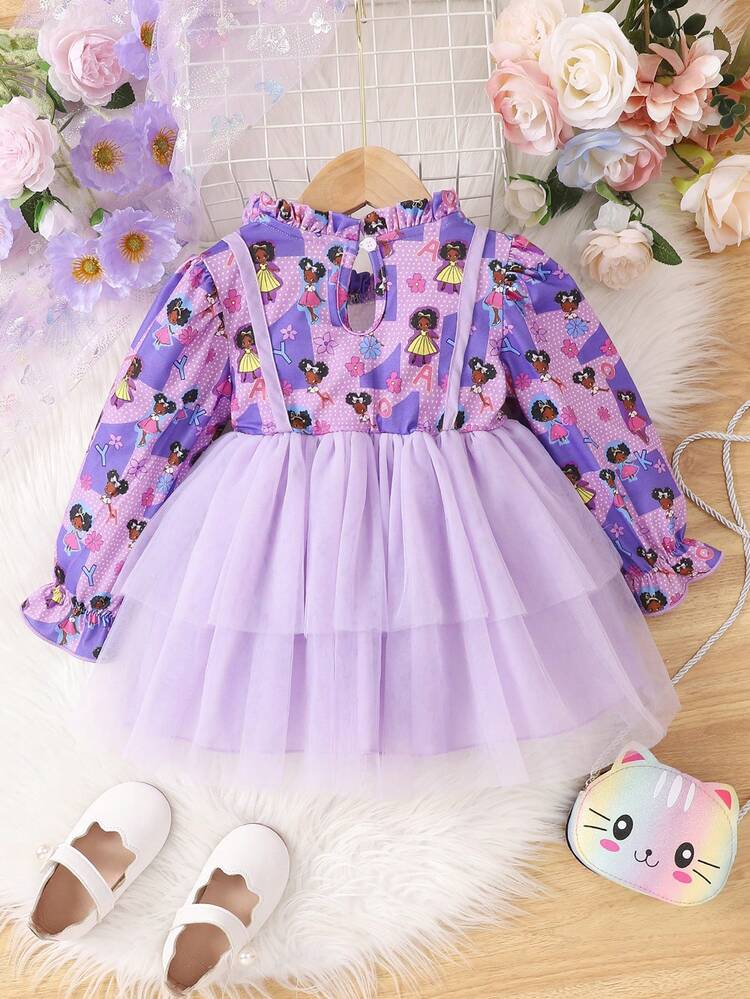 Baby Girl Floral Print Flare Sleeve Bow Front Mesh Hem Dress